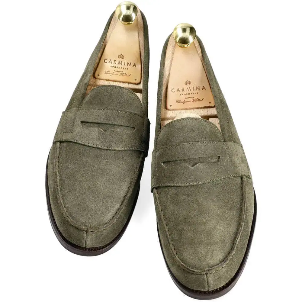 PENNY LOAFERS IN OLIVE SUEDE CALF | CARMINA