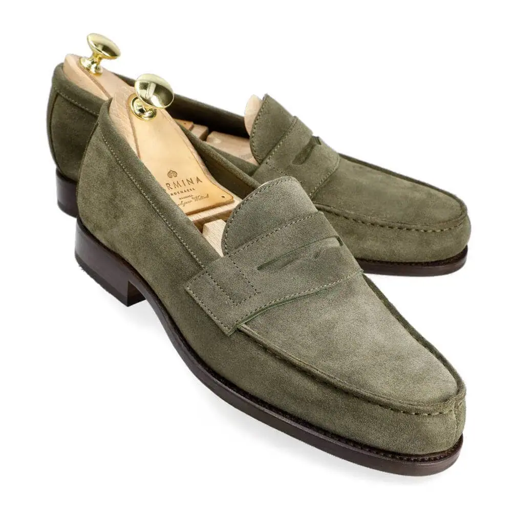 PENNY LOAFERS IN OLIVE SUEDE CALF | CARMINA