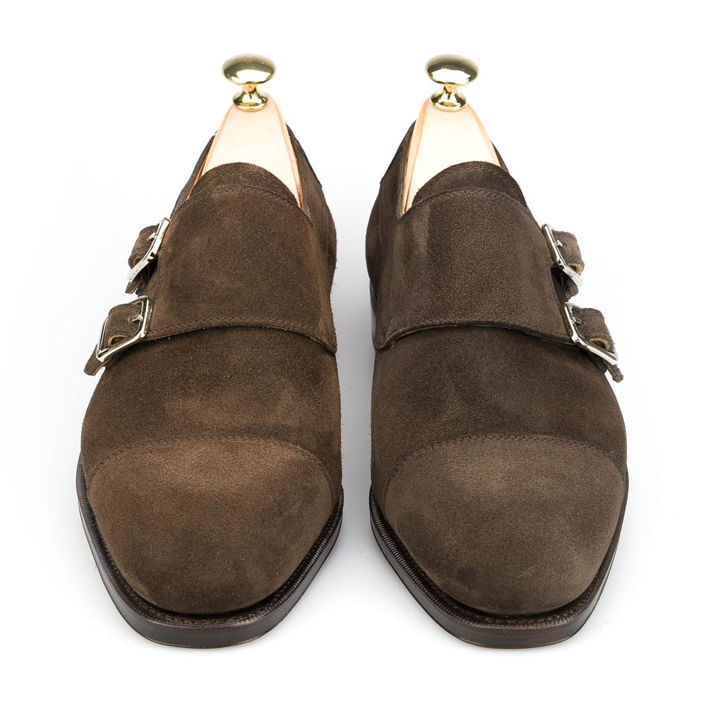 brown suede double monk strap shoes