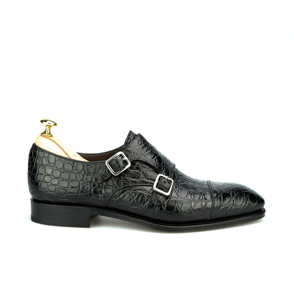 black leather double monk strap shoes