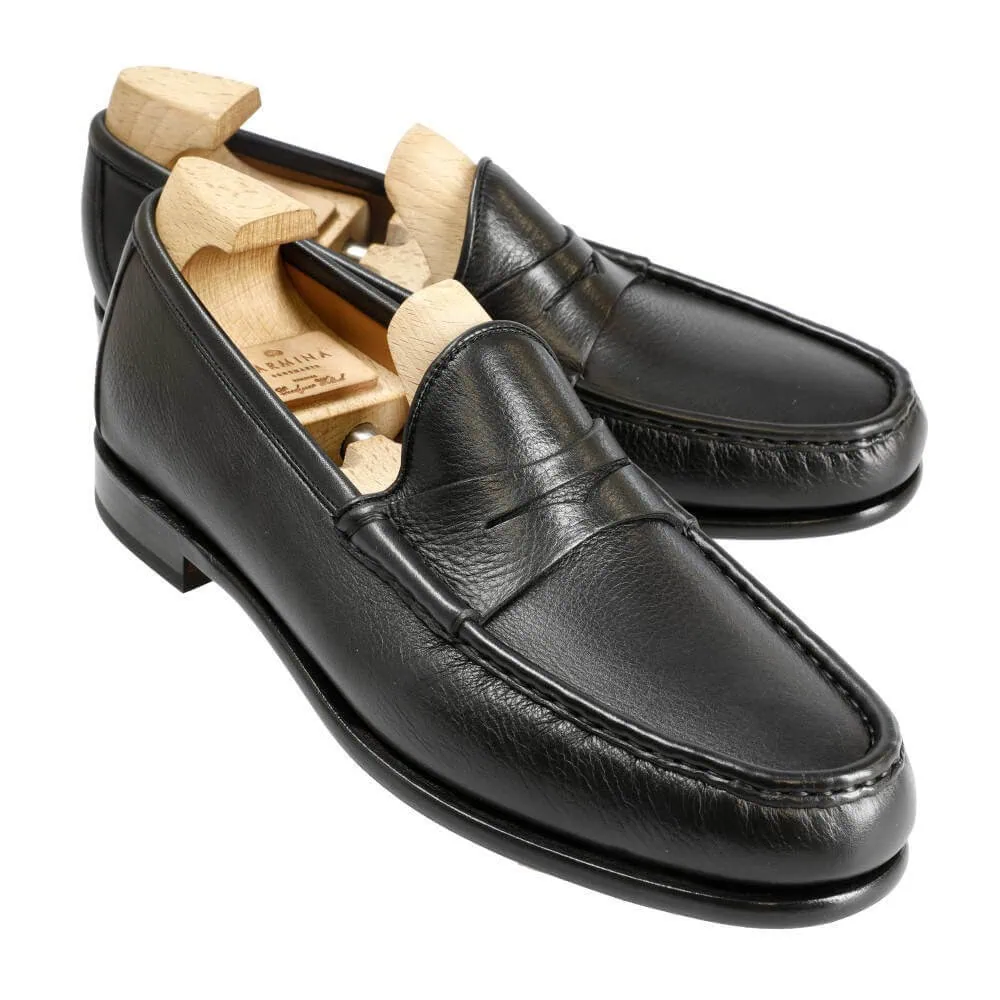 PENNY LOAFERS IN BLACK RUSTICALF | CARMINA