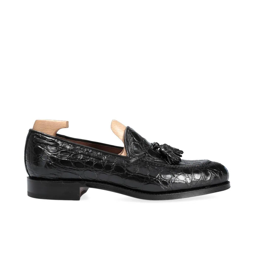 Mocassins Homme En Cuir Verni Noir - Boucle Unique, Imprimé Crocodile, Pour Occasions élégantes
