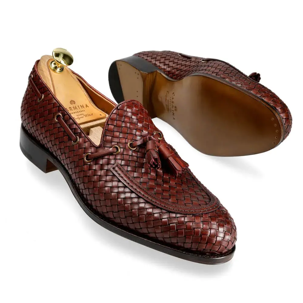 corthay carmina  Men's Tassel Loafers 80299 in Burgundy Woven Calf | Carmina Shoemaker